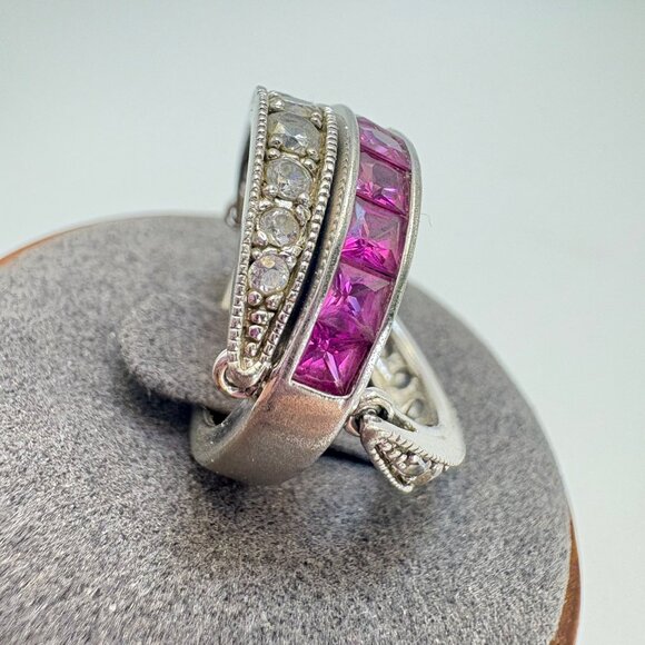 Sterling Silver Princess Cut Pink CZ Band Hinged Reversible CZ Guard Bands 5.75 - Picture 3 of 13